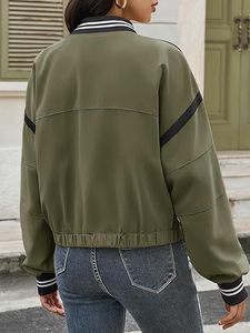 Chaqueta Bomber Verde Oliva para Mujer, Color Sólido, Ribete en Contraste, Cierre de Botones, Estilo Deportivo, Ropa Casual de Otoño - Product Image 5