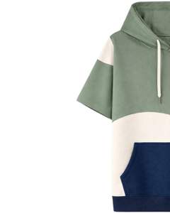 Sudadera con Capucha de Manga Corta para Hombre, Color Verde, Blanco y Azul Marino, con Bolsillo Canguro, Estilo Casual Urbano, de Algodón y Felpa - Product Image 2