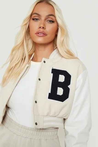Custom ODM <b>Women</b> Cropped Letterman Jacket Wool Leather Contrast <b>Coat</b> - Product Image 2