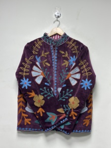 Boho <b>Velvet</b> Hand Embroidered Suzani Floral Pattern O-Neck Full Sleeve Autumn Unisex Multi-function Reversible <b>Jacket</b> - Product Image 6