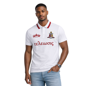 Polo DriFit avec armoiries de la fraternité grecque Kappa Alpha Psi, blanc, vêtements de fraternité grecque avec coupe athlétique et confort tout au long de la journée - Product Image 1