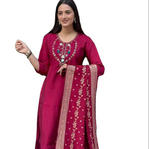 Precio al por mayor: Conjunto de Salwar Kameez de seda romana premium con trabajo manual, colores brillantes, aspecto magnífico, festivo y especial, con dupatta. - Product Image 1