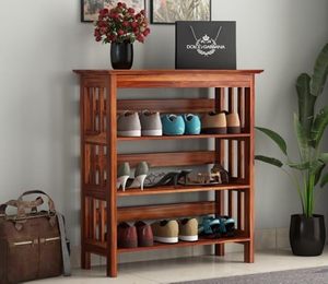 Zapatero de Madera Maciza de Sheesham de 3 Niveles con Asiento, Ahorra Espacio, para la Entrada del Hogar - Product Image 1