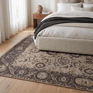 Tapis en laine taupe beige vieilli à motifs floraux, écologique, antidérapant, vintage, avec bordure, pour salon, chambre, hôtel - Product Image 3