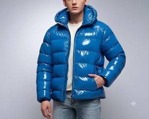Blue <b>Puffer</b> <b>Jacket</b> for Men Shiny Zip-Up Quilted Leather Coat - Product Image 1