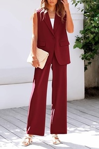 Women's Red Sleeveless <b>Blazer</b> <b>Set</b> Loose Fit Wide Leg Pants Two Piece Suit Casual Spring Summer Solid Color Crepe Fabric - Product Image 2