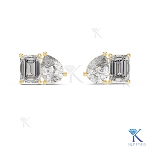 Custom Lab Grown CVD HPHT Diamond Toi Et Moi <b>Stud</b> <b>Earrings</b> <b>Emerald</b> Pear Cut 14K Solid Gold Luxury Fine Women Wedding Bridal - Product Image 6