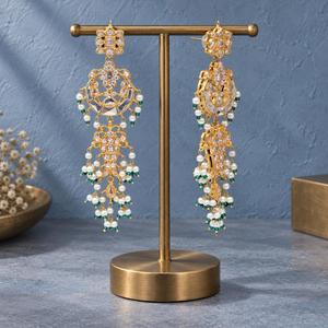 Gold Plated Long Kundan Style <b>Chandelier</b> Earrings with <b>Green</b> Beads and Faux Pearls Bridal Jewelry Manufacturer Bulk Supply - Product Image 2