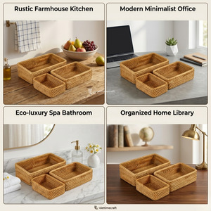 Ensemble de plateaux en rotin, plateaux gigognes tressés, organisateur de rangement de luxe pour la salle de bain, la cuisine et la décoration de bureau - Product Image 2