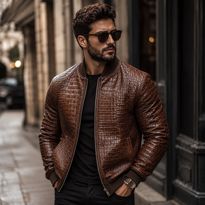 LEATHER SPOT <b>Men's</b> for Embossed Leather <b>Bomber</b> <b>Jacket</b> Biker Style Vintage Slim Fit <b>Summer</b> Motorcycle Windproof Breathable - Product Image 3