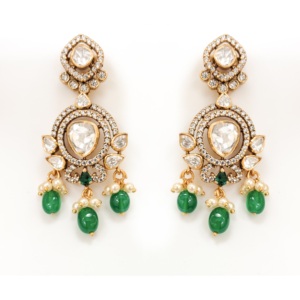 Ensemble de boucles d'oreilles pendantes en argent 925 fait main indien, perles Haar Polki, émeraudes et tourmalines roses, pour mariée - Product Image 3