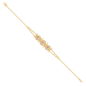Triple Floral Medallion Diamond <b>Bracelet</b> with Yellow Gold Chain and <b>Red</b> Stone Center Accent Design - Product Image 2