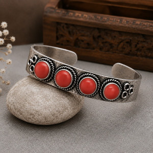 <b>Red</b> Handmade Vintage Coral Four Stone Boho Wide Cuff Bangle Gold Plated Oxidized Silver Finish Brass Jewelry - Product Image 3
