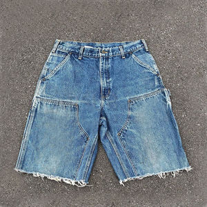 Vintage Washed 100%cotton Denim Cargo Shorts Custom logo Print Double Knee Raw Hem <b>Jean</b> Shorts Casual Baggy Fit Jorts for <b>Men</b> - Product Image 3