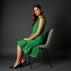 Mini vestido de algodón verde de moda para el verano con corpiño sin mangas Flowy ALine Cut Eyelet Lace Festoneado Hem Laser Floral - Product Image 3