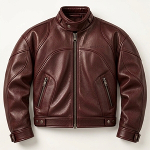Chaqueta de Cuero Borgoña para Hombre, Cuello Alto, Cierre de Cremallera, Corte Regular, Chaqueta de Motociclista, Chaqueta de Cuero Personalizada para Motociclismo, Venta al Por Mayor - Product Image 1