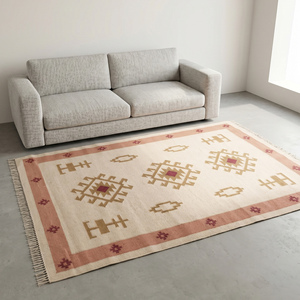 Tapis élégant en jute tissé à la main, crème terre cuite, motif géométrique moderne en losanges, à franges, antidérapant, épais, pour salon - Product Image 3
