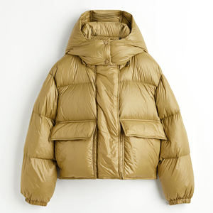 Chaqueta Acolchada de Mujer Color Oliva con Capucha, Manga Larga, Chaqueta Corta de Invierno, Color Sólido, Relleno Grueso de Poliéster, Ligera - Product Image 6