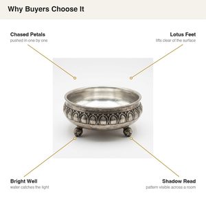 Bol Urli en aluminium fait main de 20 cm en argent antique avec pétales gravés et bande de pétales Nilofar - Décoration d'intérieur, cadeau pour hôtel et mariage - Product Image 4