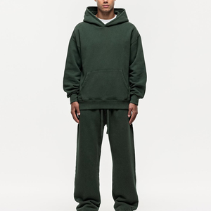 Men's Dark Green Hooded <b>Tracksuit</b> Set Full Length Solid Color Casual Loose Fit 100% Cotton Breathable Autumn Wear - Product Image 1