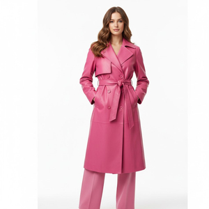 Abrigo Largo de Cuero Rosa con Cinturón, Cuello con Muescas, Manga Larga, Resistente al Viento, Elegante, Ropa de Invierno para Mujer - Product Image 2