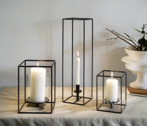Ensemble de bougeoirs modernes en métal noir avec inserts en verre pour la décoration de la maison, lanternes en acier résistantes à la chaleur - Product Image 1