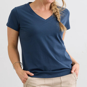 T-shirt pull-over à col en V et manches courtes pour femme, coupe classique, en jersey tricoté, avec logo personnalisé, ourlet droit tendance, séchage rapide - Product Image 1