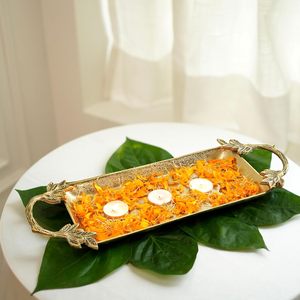 Aluminium Golden <b>Serving</b> Tray with Leaf Handle Decorative <b>Platter</b> for Home Decor Kitchen Dining Center Table Dry Fruits Sweets - Product Image 3