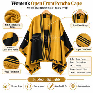 Cosh International Sorority Sisterhood Yellow Black Color Blocked Poncho Batwing Sleeve Long Wool Acrylic <b>Cloak</b> Winter Elegant - Product Image 6