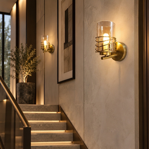 Mid-Century Regent Modern Brass Wall Light, Vintage Glass Shade Cage Sconce Light Fixture for Corridor Stairway - Product Image 5