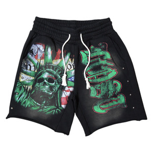 Premium cotton fleece acid wash pink shorts metal <b>stud</b> detailing drawstring waist custom logo embroidery print <b>men's</b> shorts - Product Image 2