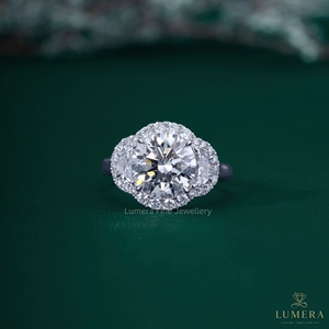 Round Brilliant Cut Lab Grown Diamond Three Stone Halo Engagement <b>Ring</b> 18K White Gold Half <b>Moon</b> Side Stones Cluster Bridal <b>Ring</b> - Product Image 1