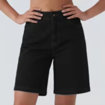 Shorts en jean taille haute coupe droite ample pour femme – Extensible, noir, décontracté et polyvalent pour l'été - Product Image 6