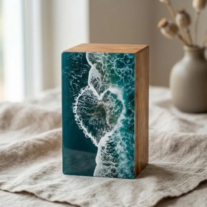 Ocean Heart Wave Wooden Urn Handmade Resin Art <b>Memorial</b> Keepsake <b>Box</b> Durable Eco-Friendly Cremation - Product Image 4