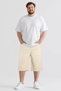 Pantalones Cortos Bermuda de Color Sólido para Hombre, Casuales, de Algodón, Corte Holgado, Cintura Media, Cintura Elástica con Bolsillos, Blanco Beige - Product Image 2