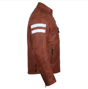 Veste en cuir vintage marron pour homme, imperméable, respirante, patchwork, color block, style Cafe Racer - Product Image 4