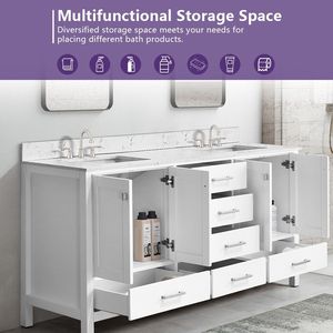 Mobile bagno bianco da 72 pollici con doppio lavabo sottopiano e elegante mobiletto contenitore con piano superiore - Product Image 6