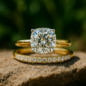 <b>Cushion</b> Cut Lab Grown IGI Certified VVS Clarity 2.00 Carat Diamond Wedding Engagement Gift Band Set Trendy Gold Women's Jewelry - Product Image 2