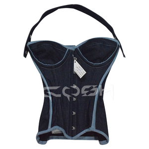 Corset bustier en jean bleu foncé premium avec bretelles, à baleines en acier, pour la mise en forme de la taille, style mode, fabricant - Product Image 1