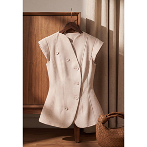 Chaleco sin Cuello con Mangas Cortas Color Beige para Mujer, Elegante, Entallado, con Botones, Casual, para Oficina, Poliéster y Elastano, YONA - Product Image 5