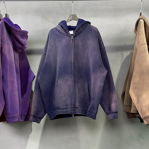 Sudadera con capucha y cremallera de diseño único, lavado ácido, 100% algodón, estilo hip hop urbano, unisex, con efecto desgastado y teñido anudado, para invierno. - Product Image 3