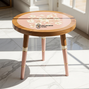 Luxury Handcrafted Minakari Wooden Accent <b>Table</b> Vibrant & Floral Inlay <b>Stool</b> Premium Tapered Leg Pedestal <b>with</b> Gold Accents - Product Image 1