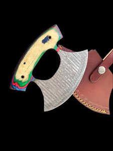 Cuchillo de Chef Ulu Hecho a Mano, Hoja Curva de Acero de Damasco con Mango de Madera y Funda de Cuero Ecológica, Ambidiestro - Product Image 3