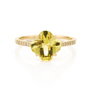 Nuevo diseño de última generación, anillo apilable minimalista con topacio limón y diamantes en forma de trébol de 9.5x9.5 mm, unisex, oro amarillo K14, joyería fina. - Product Image 1