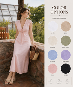 Vestido Maxi Rosa de Lino y Algodón con Cuello en V Profundo, Sin Mangas, Estilo Bohemio, con Volantes, Corte en A, Cintura Natural, Ligero, Asimétrico por Delante, para Uso Casual - Product Image 2