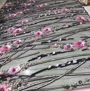 High Quality Handmade Pearl Beaded Woven Georgette <b>Fabric</b> for Wedding Gown Luxury Decoration From India Exporter at Best Price - Product Image 5