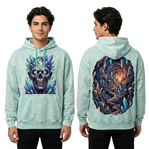 Sudadera con capucha verde menta con lavado ácido y estampado gráfico de calavera de cristal, de forro polar grueso para hombre, estilo streetwear, servicios de fabricante personalizado - Product Image 1