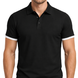 Polo classique noir pour homme, manches courtes, coupe ajustée, avec revers contrastants blancs, style décontracté et sportif - Product Image 2