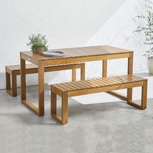 Solid Teak Wood Outdoor Dining Set Rectangular Patio <b>Table</b> with 2 Matching <b>Bench</b> Chairs - Product Image 1