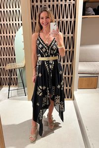Robe Kaftan Bohème Imprimée Noir et Or pour Femme 100% Coton Col en V Manches Bouffantes Écologique Tenue de Plage et de Resort Coupe Ample - Product Image 2